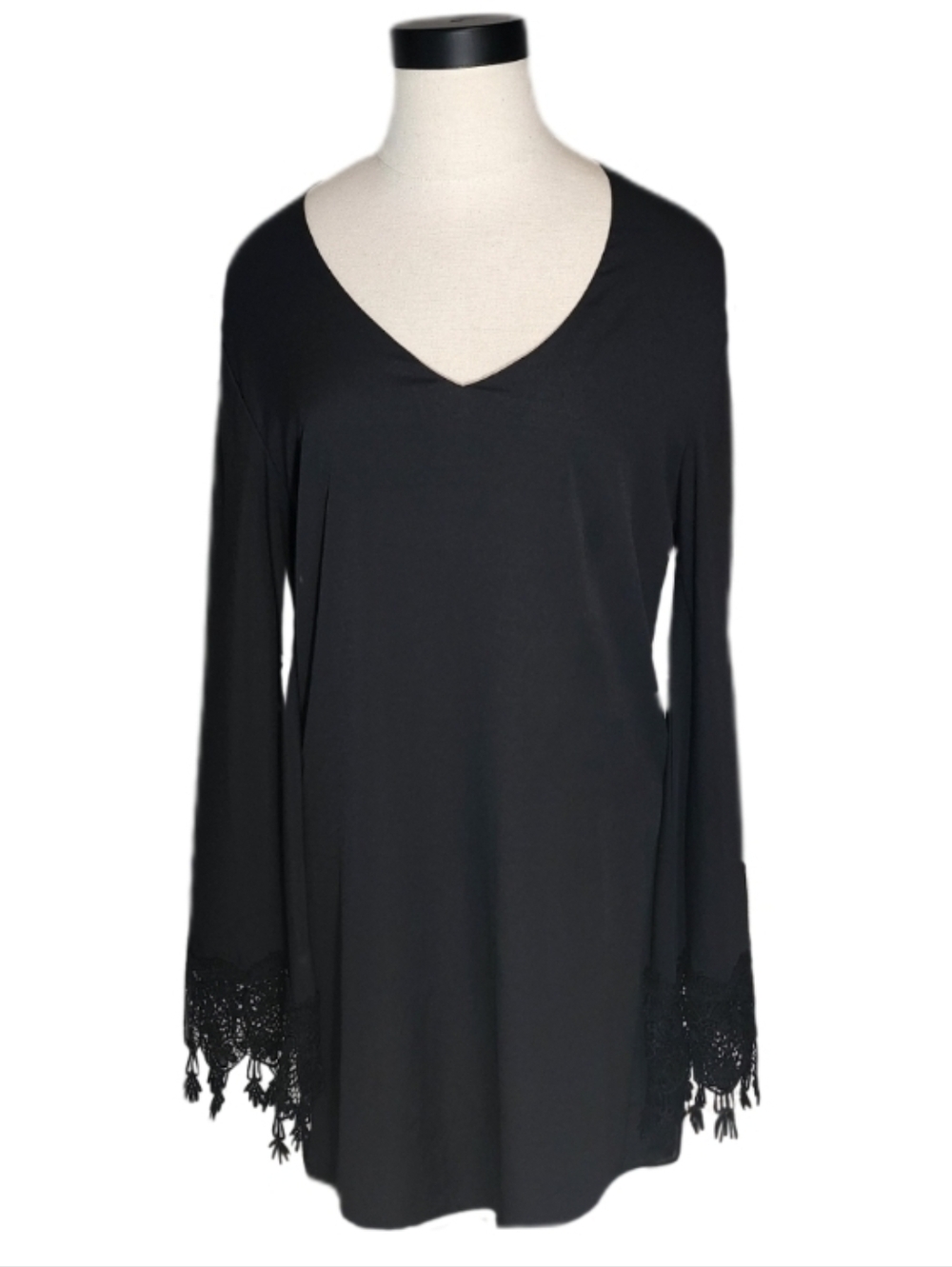 Union Of Angels Dress V-Neck Bell Sleeve Crochet Fringe Black Size M